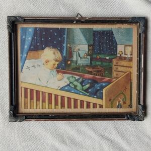 Little Boy Praying Vintage Print Framed 6.5x8.5" 40s 50s Nursery Decor Religious